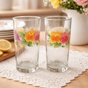 Set of 2 Corelle Coordinates Summer Blush Pansy Glass Tumblers 16 oz Floral 6”